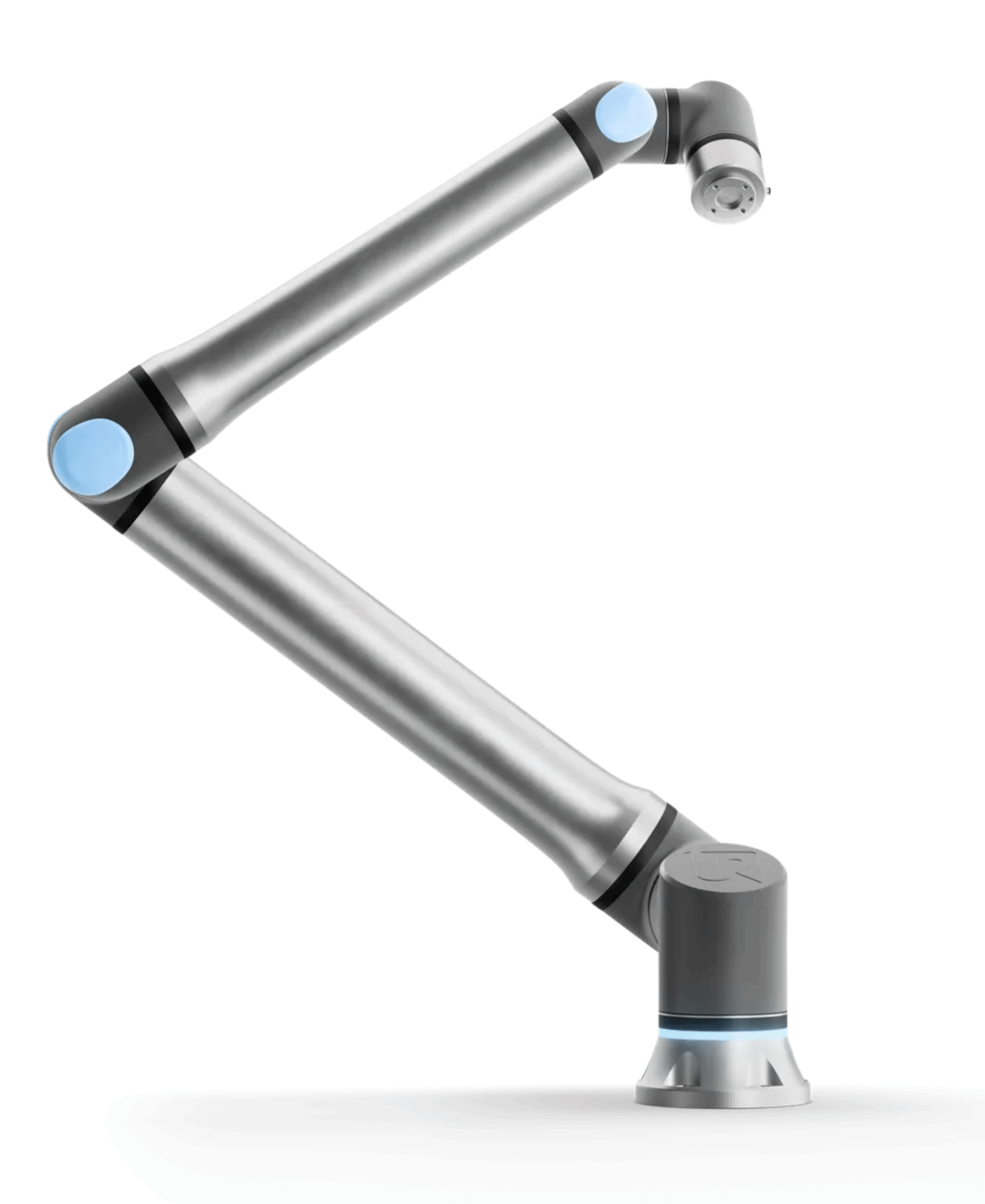 Primer plano detallado de un brazo robótico colaborativo de alcance extendido Universal Robots UR8 Long, fabricado en aluminio con las juntas azules de 6 ejes, montado sobre una base plateada.